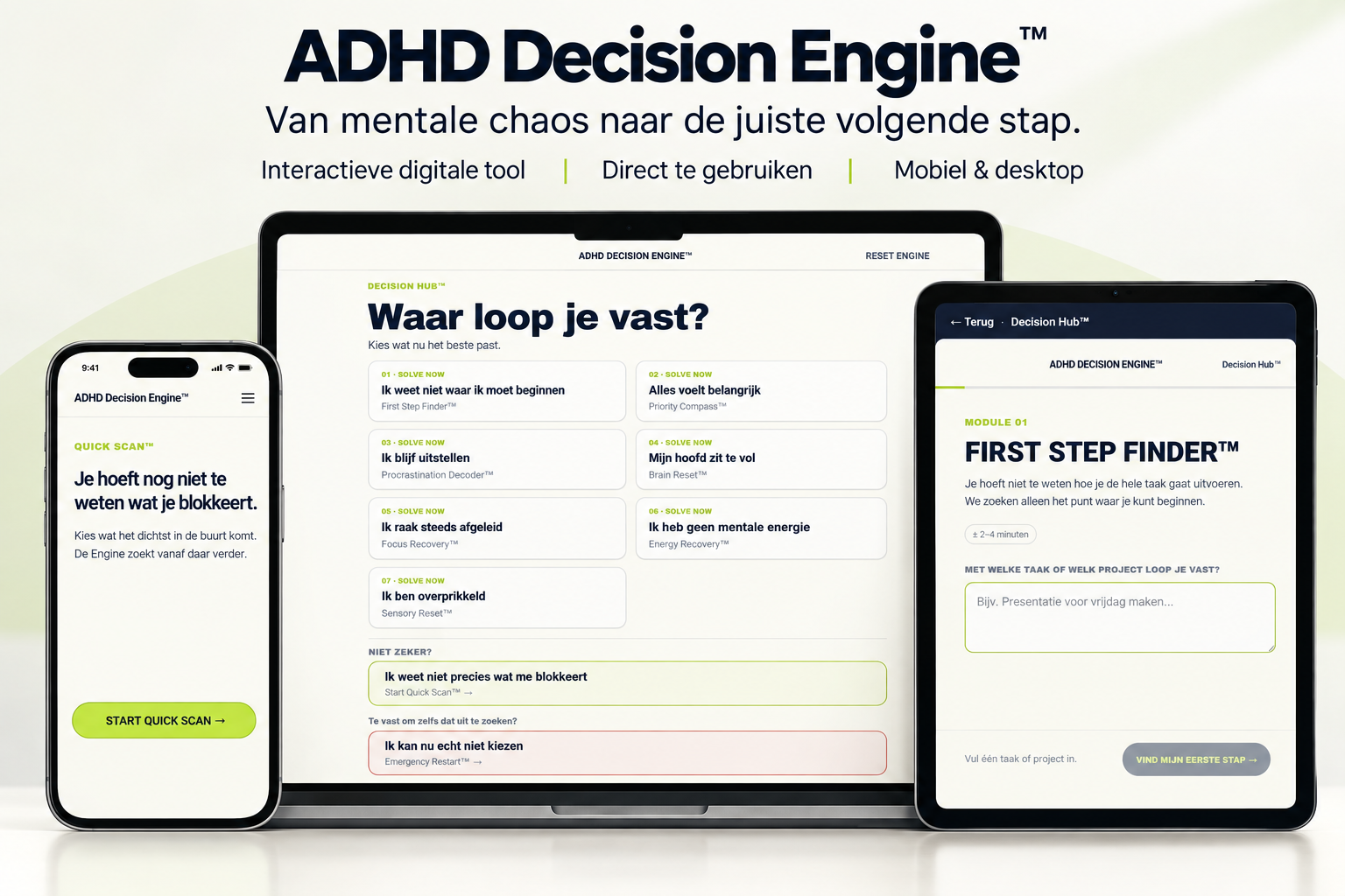 ADHD Decision Engine™ op mobiel, laptop en tablet